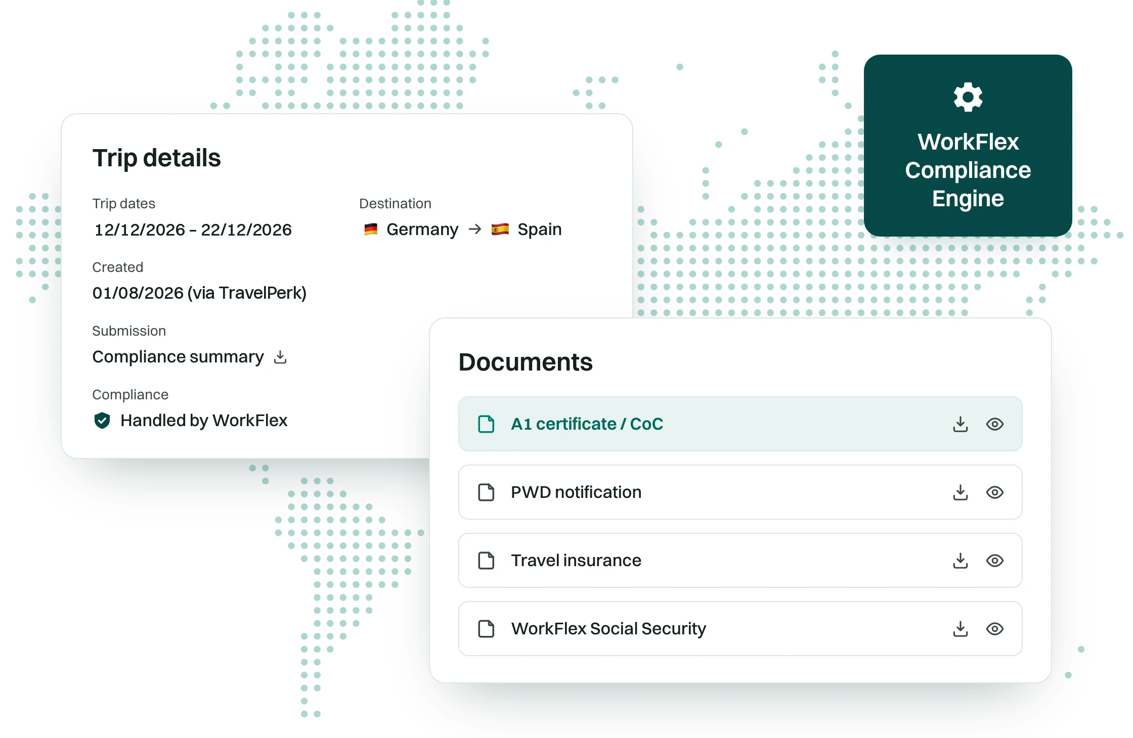 WorkFlex automatically initiating an A1 certificate from a trip request.