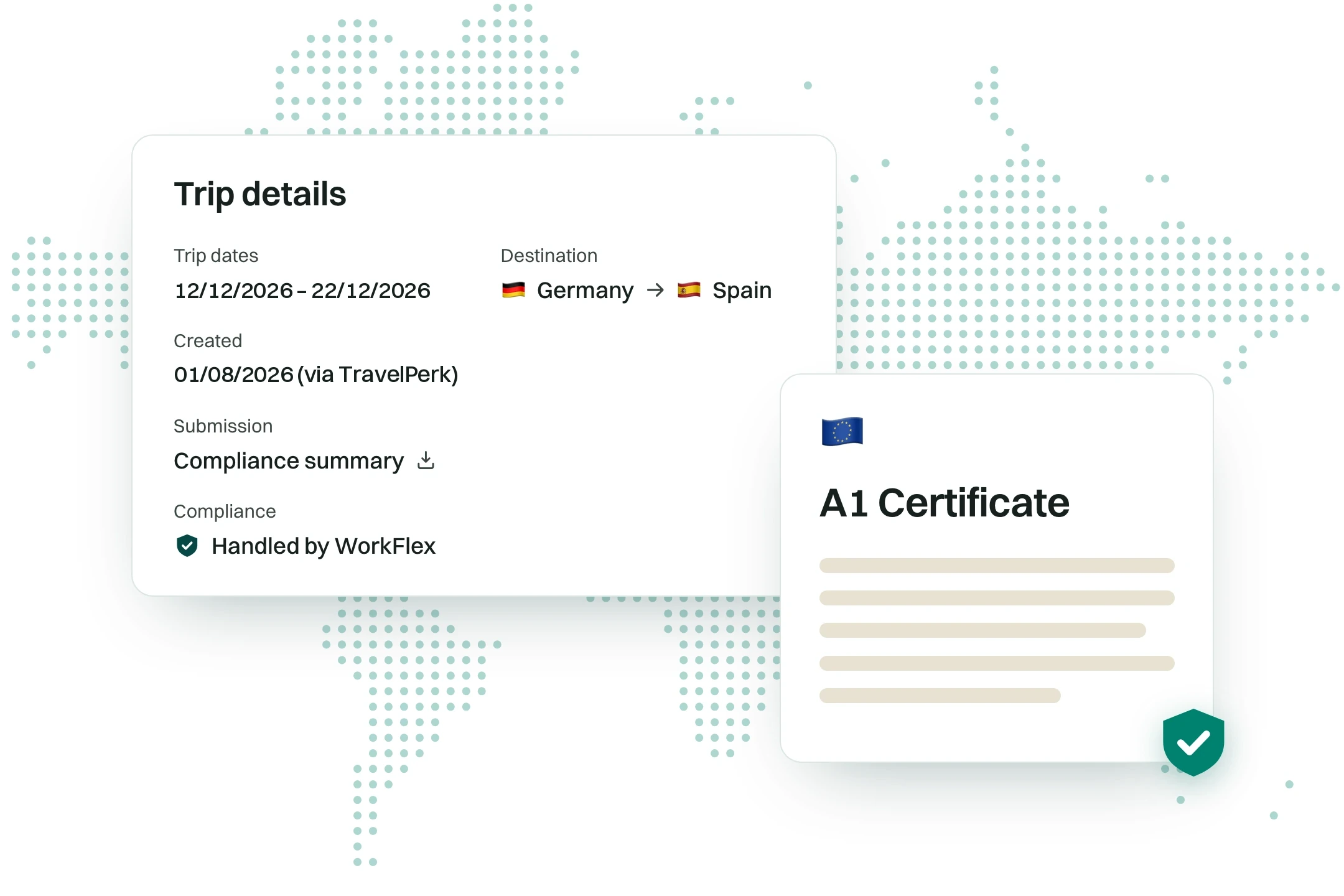 An A1 certificate displayed over a map of Europe.