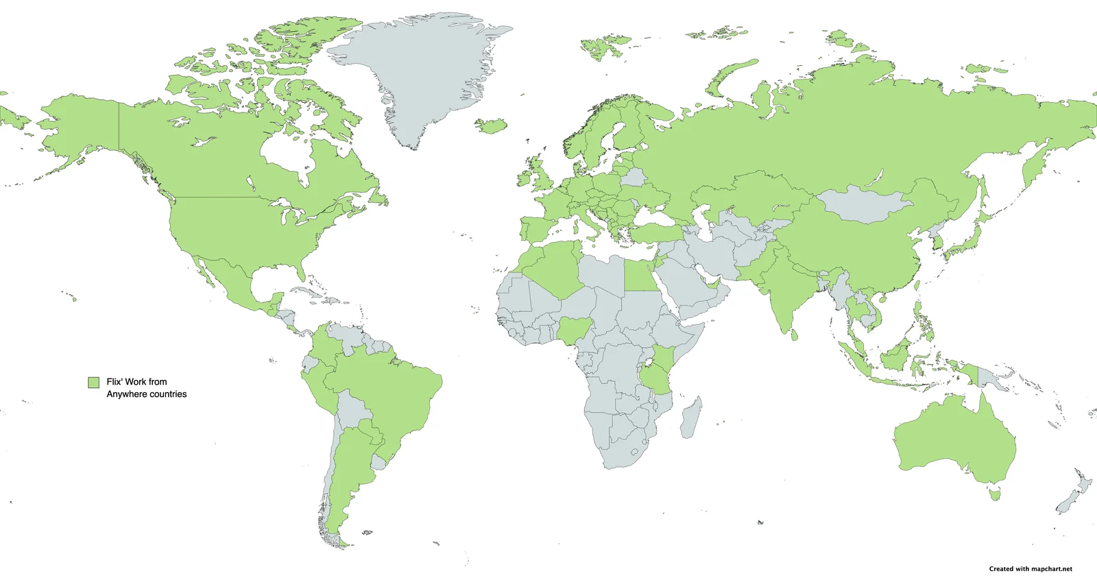 World map with Flix' work-from-anywhere countries highlighted across every inhabited continent.