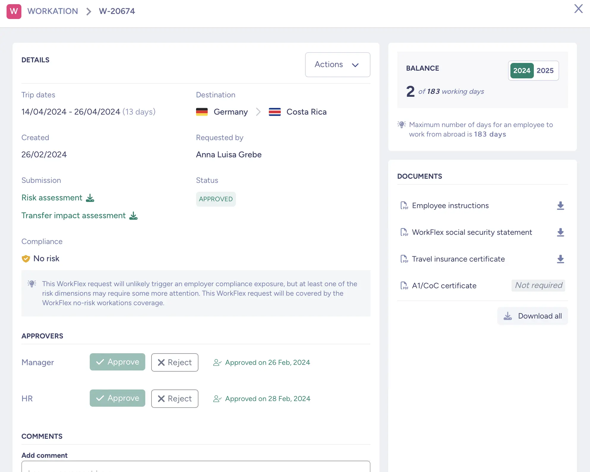 Ein Workation-Antrag auf der WorkFlex Plattform mit Reisedaten, Zielland, Compliance-Status, den erzeugten Dokumenten und den mit Zeitstempel versehenen Genehmigungen von Vorgesetztem und Personalabteilung.