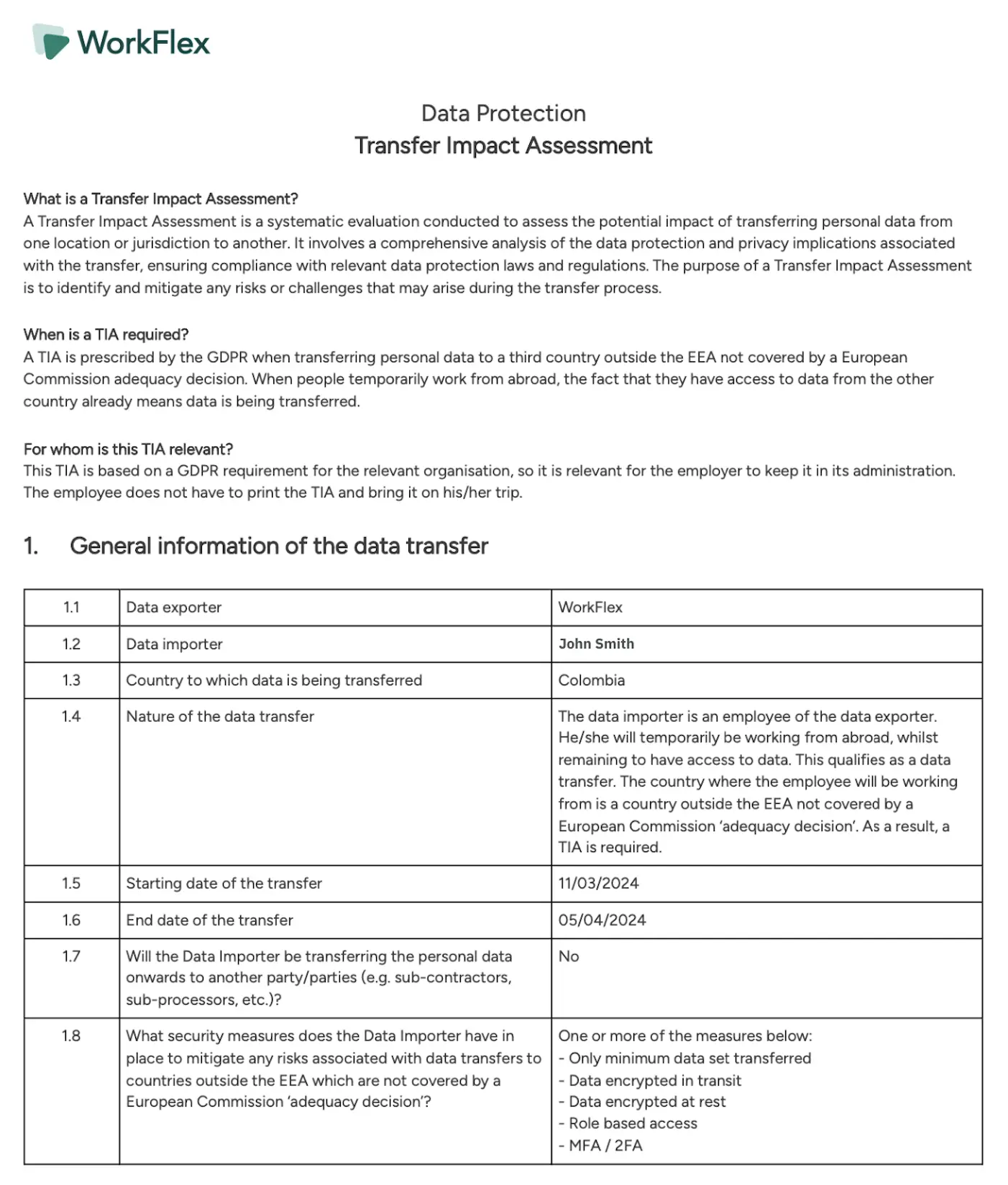 Die WorkFlex Data Protection Transfer Impact Assessment, die erklärt, was eine TIA ist, wann sie erforderlich ist und welche Daten übermittelt werden.
