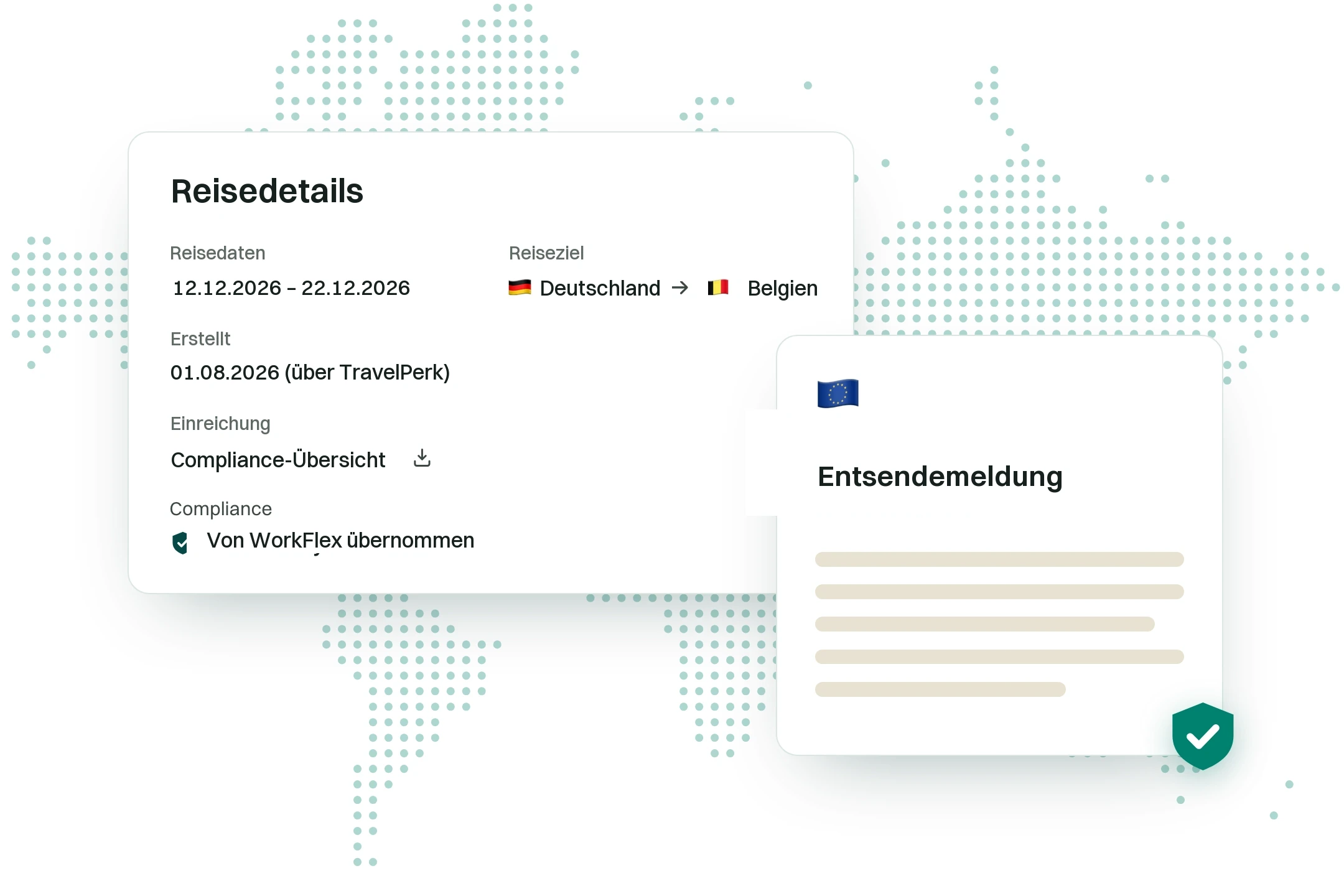 Das WorkFlex-Dashboard erstellt eine EU-Meldung für eine Reise.
