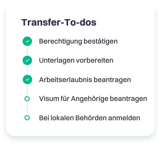 Eine WorkFlex-To-do-Liste für die Arbeitserlaubnis: Berechtigungsprüfung, Nachweisdokumente, Antrag, Visum für Angehörige und Anmeldung vor Ort.