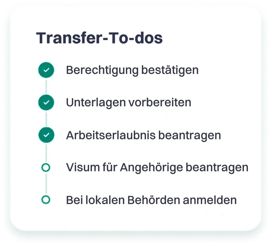 Eine WorkFlex-To-do-Liste für die Arbeitserlaubnis: Berechtigungsprüfung, Nachweisdokumente, Antrag, Visum für Angehörige und Anmeldung vor Ort.