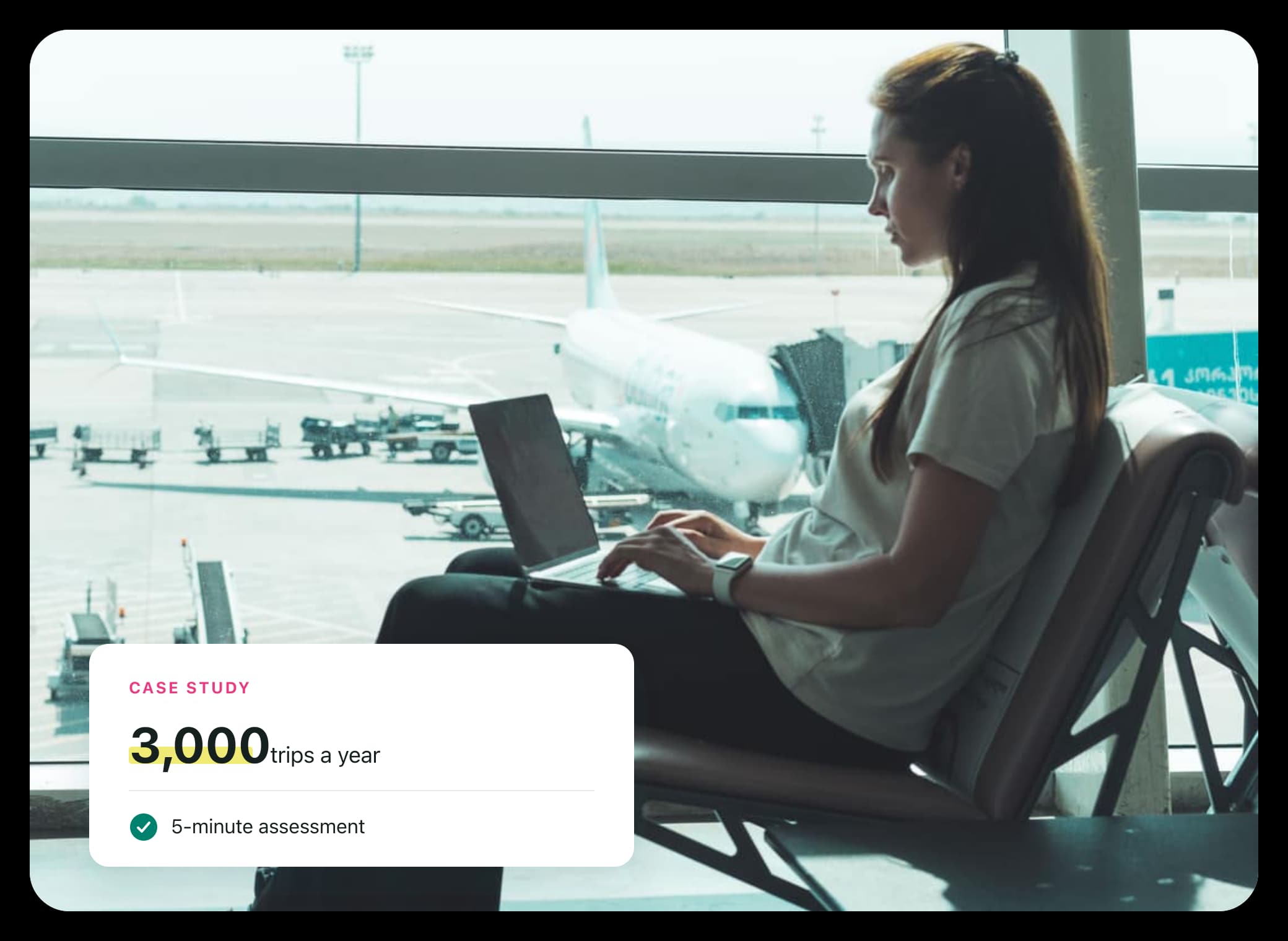 Eine Geschäftsreisende arbeitet am Laptop im Flughafen-Gate, daneben eine Karte mit 3.000 Reisen pro Jahr und einer Risikoeinschätzung in fünf Minuten.