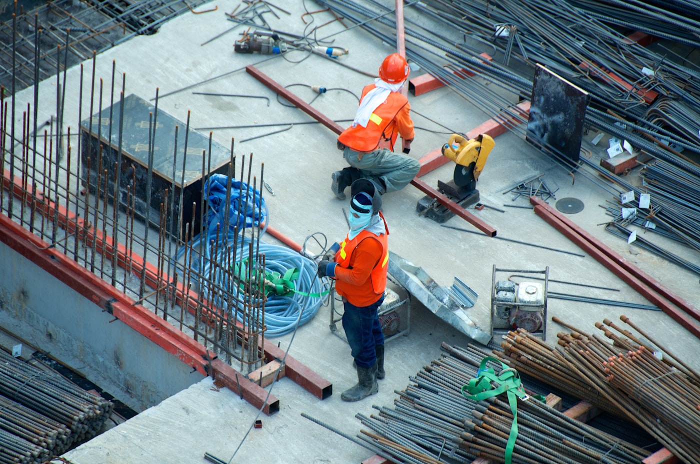 Construction workers on a building site.
