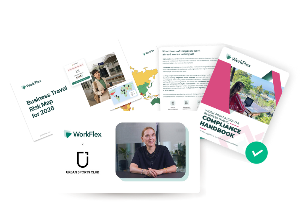 A selection of WorkFlex insights: the Business Travel Risk Map for 2026, the Work-from-Abroad & Business Travel Compliance Handbook, a business-traveller risk alert with a world risk map, and the WorkFlex × Urban Sports Club customer story video.
