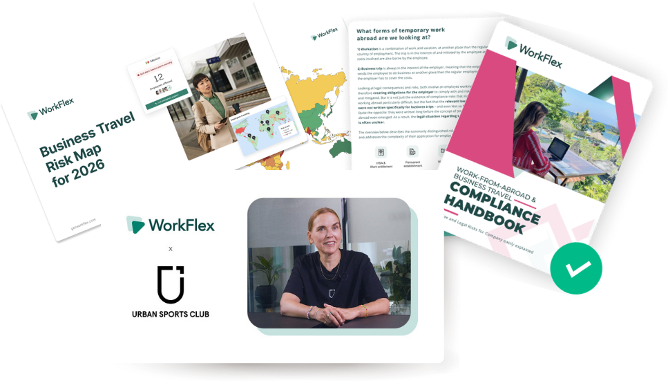 A selection of WorkFlex insights: the Business Travel Risk Map for 2026, the Work-from-Abroad & Business Travel Compliance Handbook, a business-traveller risk alert with a world risk map, and the WorkFlex × Urban Sports Club customer story video.